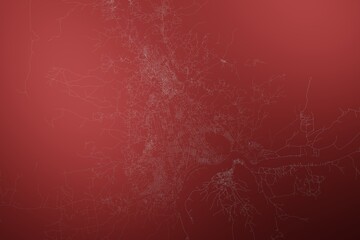 Map of the streets of Bangui (Central African Republic) made with white lines on abstract red background lit by two lights. Top view. 3d render, illustration