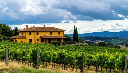 Fototapeta premium Charming Tuscan Farmhouse Among Rolling Hills and Lush Vineyard