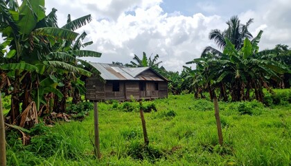 Lush Ugandan Banana Plantation with Wooden Farmhouse Amidst Tropics