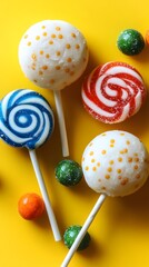 Colorful Swirl Lollipops and Gumballs on Yellow