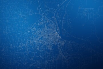Stylized map of the streets of Phnom Penh (Cambodia) made with white lines on abstract blue background lit by two lights. Top view. 3d render, illustration