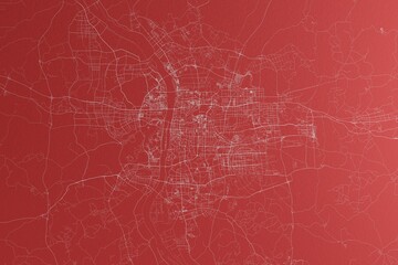 Map of the streets of made with white lines on red paper. Top view, rough background. 3d render, illustration