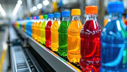 Vibrant Beverage Production Line with Colorful Bottles in Factory Setting