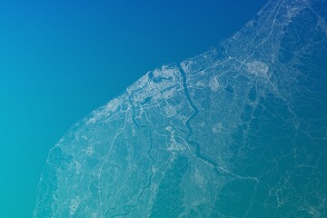 Map of the streets of Niigata (Japan) made with white lines on greenish blue gradient background. 3d render, illustration