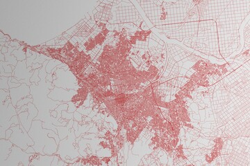 Map of the streets of Sapporo (Japan) made with red lines on white paper. 3d render, illustration