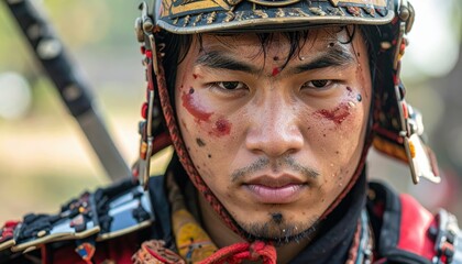 Obraz premium Skilled Vietnamese Warrior in Traditional Armor Displaying Resilience