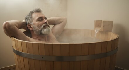 Mature man relaxing in wooden hot tub with steam in cozy environment