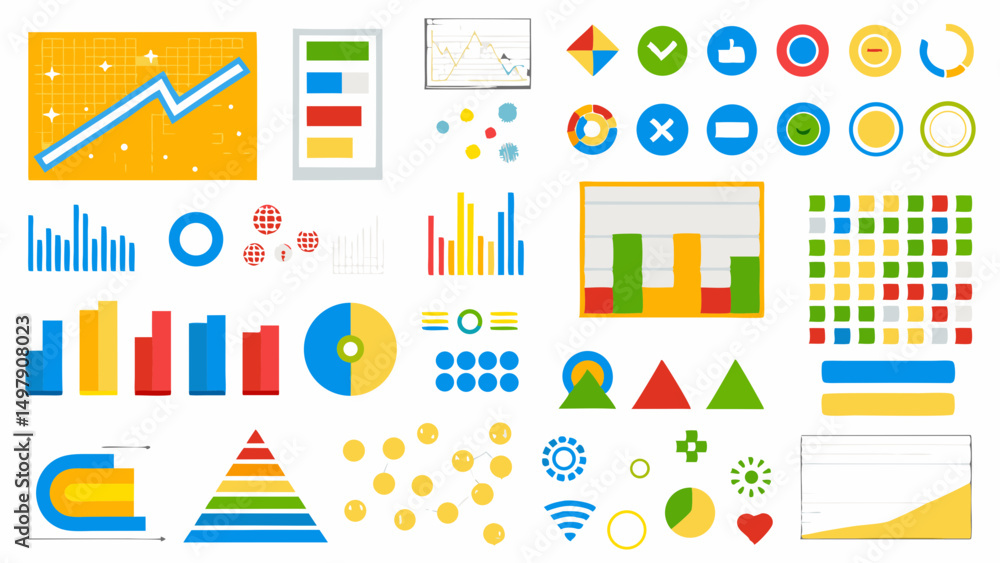 Poster illustration showcasing a diverse collection of colorful data visualization elements and chart desig