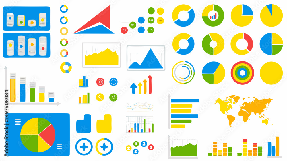 Poster illustration showcasing a variety of colorful data visualization charts and graphs on a white backgr