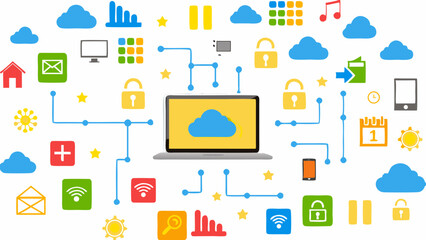 Illustration of a laptop with a cloud on the screen surrounded by various icons and symbols on a white background