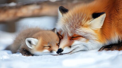 Sleeping Fox with Fox Cub in Winter Snow
