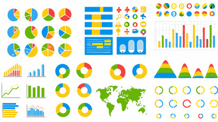 Obraz premium Illustration of various colorful data visualization elements including charts graphs and world map icons