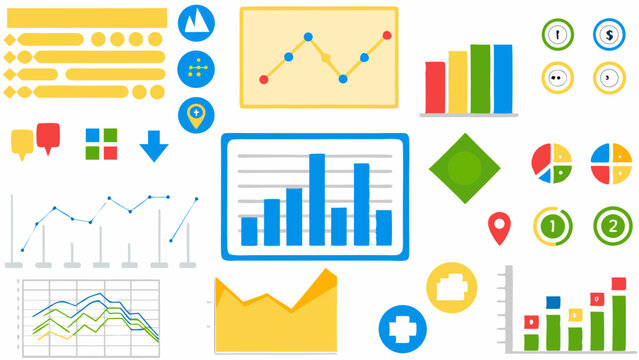 Illustration showing various types of charts and graphs for data representation and visualization purposes