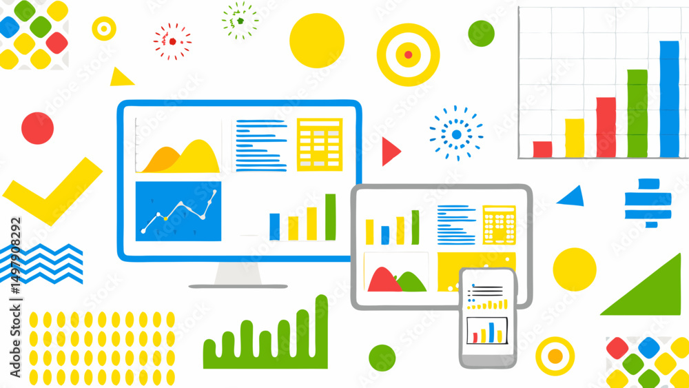Poster illustration of various electronic devices displaying charts and graphs with colorful geometric shap