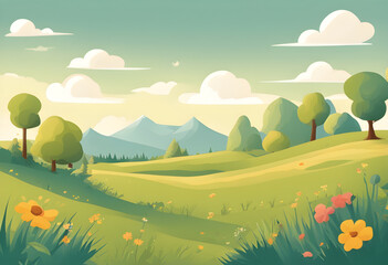 Obraz premium flat design landscape, minimal cartoon scenery, pastel landscape illustration, vector style cartoon background, soft shading cartoon art, clean design landscape, modern cartoon environment, colorful f