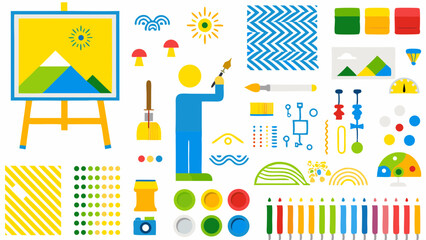 Illustration showing art supplies with easel, painting, brushes, and various art related objects