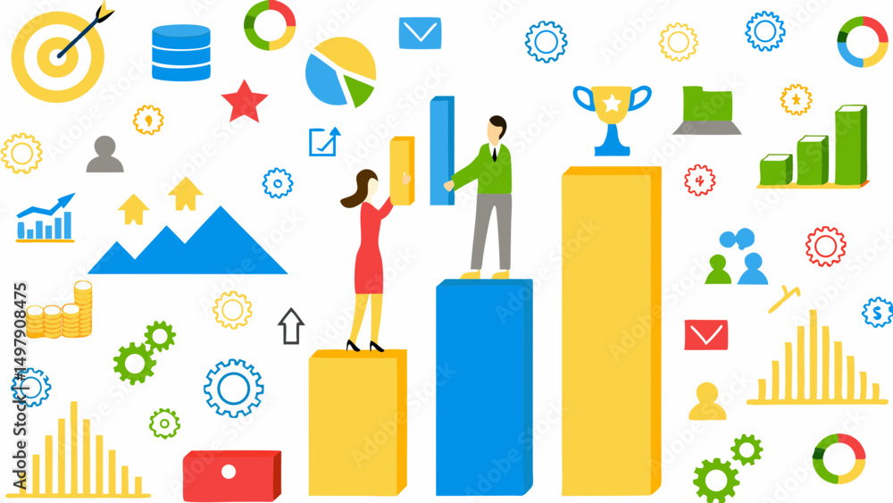 Poster business team working together standing on bar charts with data and success icons around them