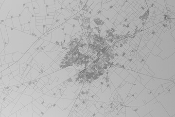 Map of the streets of Faisalabad (Pakistan) made with black lines on grey paper. Top view. 3d render, illustration