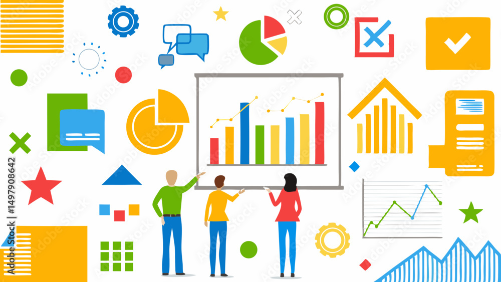 Poster illustration of a presentation with bar graphs, pie charts, and people pointing at the screen showin