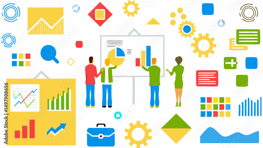 Poster team presenting data on whiteboard with charts and graphs in a business meeting environment setting