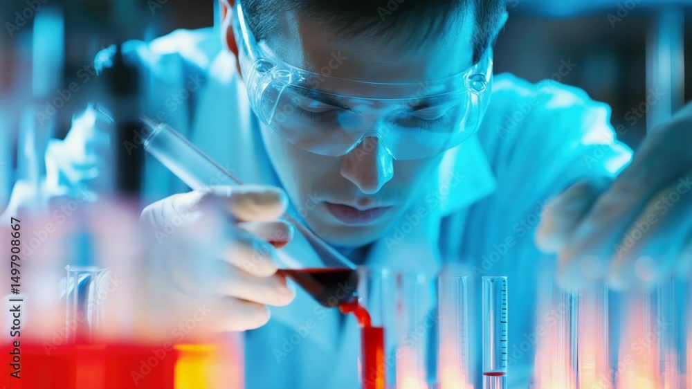 Poster A scientist works on a test tube in a laboratory setting, focusing on his experiment