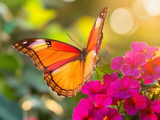 Naklejka premium Orange Butterfly on Pink Flowers Sunlight