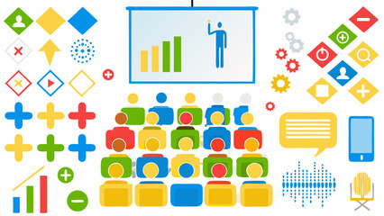 Obraz premium Presentation with audience and various icons including plus signs gears and chart diagrams displayed