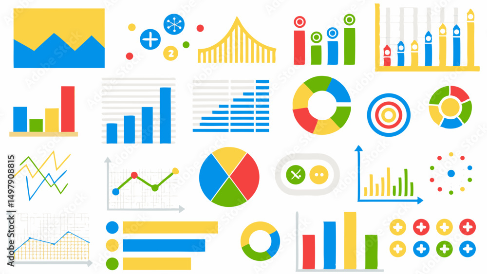 Poster illustration showing a variety of colorful graphs including bar charts pie charts and line graphs di