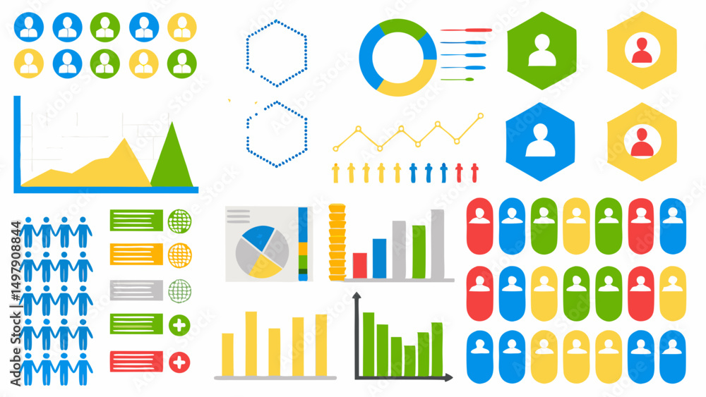 Poster illustration of various data visualization elements including charts graphs and people icons in colo