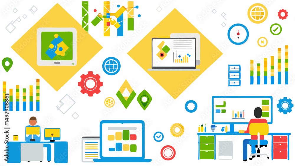 Poster illustration showing office workers at desks with charts and graphs on screens and floating icons ar