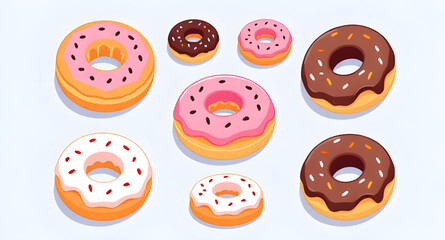 Obraz premium donut cartoon set, donut with icing, donut pack vector, donut pattern vector, donut dessert illustration, cute donuts, donut food icon, bakery donuts vector, donut circle illustration, donut snack vec