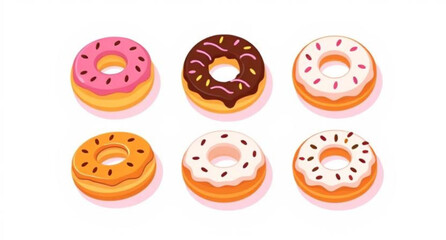 Obraz premium set of donuts vector, donut vector illustration, assorted donuts, glazed donut vector, chocolate donut, strawberry donut, sprinkled donut, frosted donuts vector, donut icon set, sweet donuts, donut co