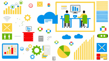 A collection of business and office related icons and graphics scattered on a white background surface