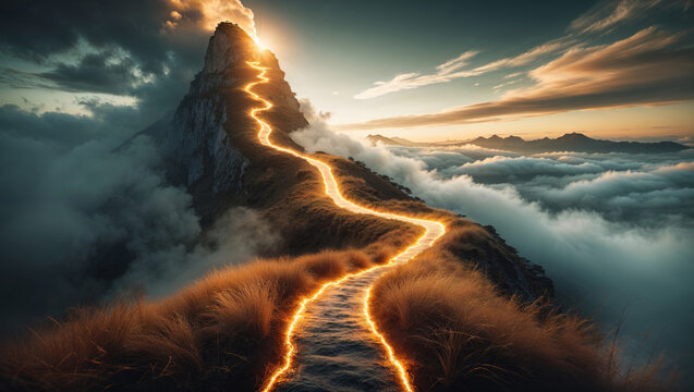 A breathtaking view of a mountain path leading to a bright sunrise, above the clouds.