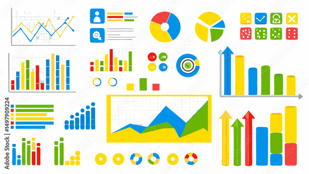 Poster illustration displaying a variety of colorful business charts and graphs for data representation ana