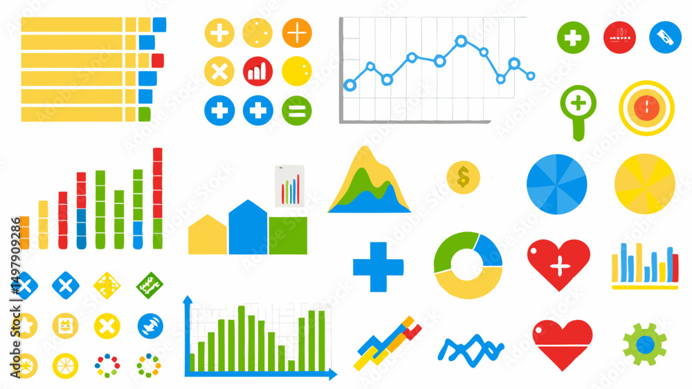 Poster illustration of various business charts and icons including bar graphs line graphs and pie charts sh