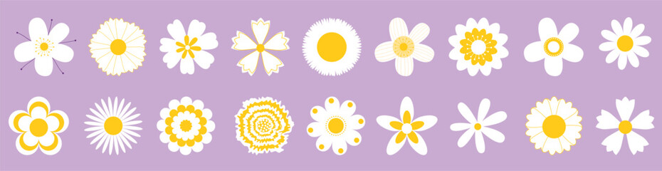 Cute vector set with simple retro daisy flowers, cartoon floral illustration icons