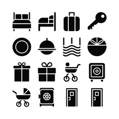 Hotel and hospitality service icons collection including bed, key, luggage, swimming pool, baby stroller, gifts, food tray, safe, and doors in flat black vector style
