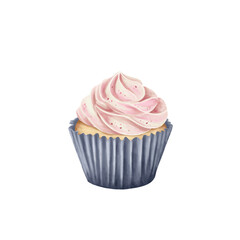 Delicious cupcake with pink icing isolated watercolor hand drawn illustration. Symbolize happiness, friendship, and celebration.