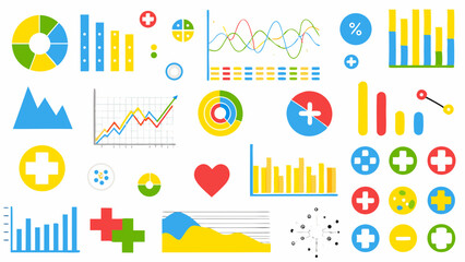 Fototapeta premium Collection of colorful charts and graphs including bar, line, pie, and donut charts with various symbols