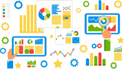 Obraz premium Various charts and graphs displayed on tablets and paper with gears and stars scattered around it