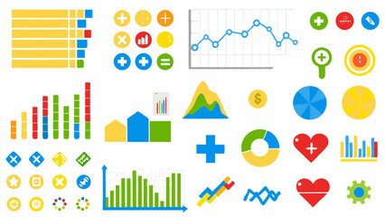 Illustration of various business charts and icons including bar graphs line graphs and pie charts shown