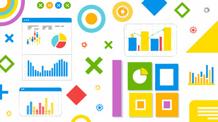 Illustration featuring colorful charts graphs and geometric shapes scattered on a white background design