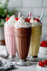 Delicious milkshakes in vibrant colors topped with whipped cream and cherries