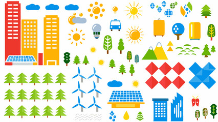 Illustration of a cityscape with buildings, trees, wind turbines, and solar panels representing sustainability