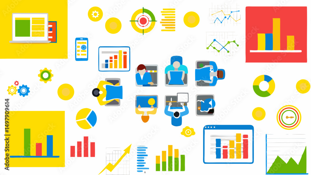 Poster a collection of business related graphics including charts graphs and people using technology device