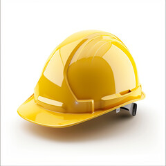 Fototapeta premium Bright yellow safety helmet isolated on white background, construction protective gear, industrial hard hat for worker safety, head protection equipment for engineering or building site use