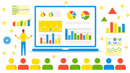 Presentation with graphs and charts on a laptop screen with audience and presenter illustration