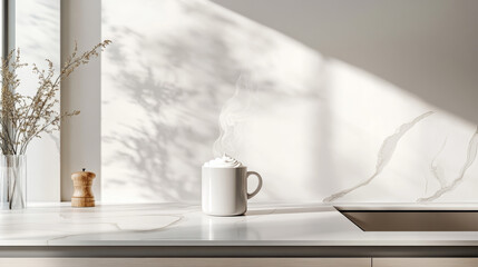 Minimalistic Kitchen Counter with Steaming Coffee Mug – Delicate Cream Swirls and Warm Steam in a Quiet Morning Atmosphere.