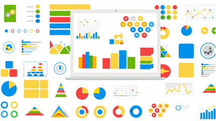 Laptop screen displaying various colorful charts and graphs with additional data visualizations around it
